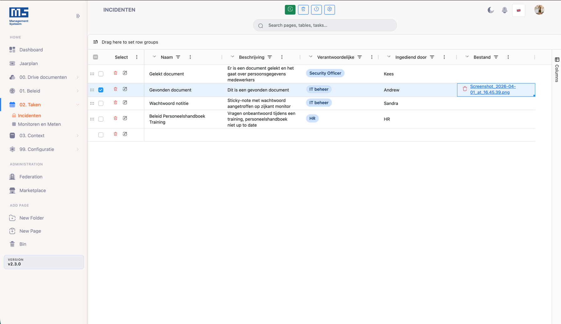 Het ManagementSysteem.nl-platform met een incidentenregister